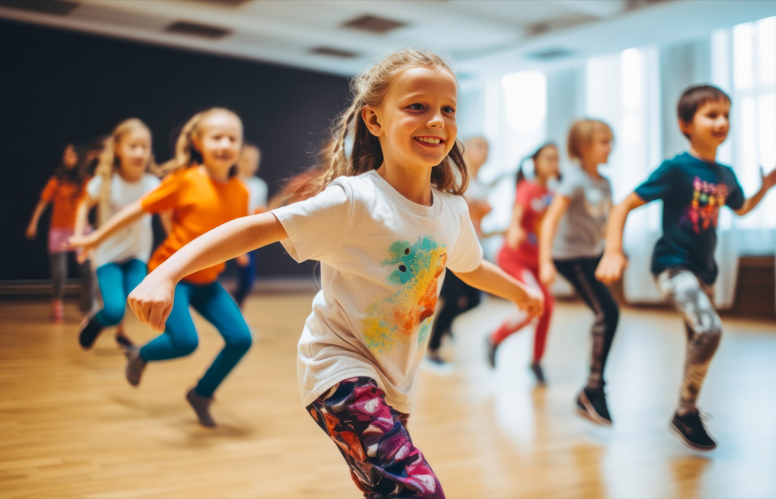 Children rehearsing together in a lively dance class